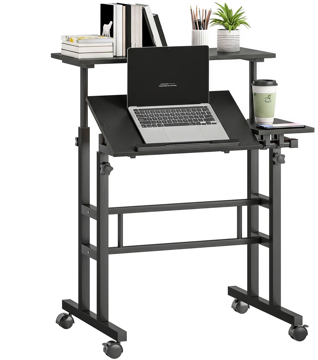 Zit - sta bureau - in hoogte verstelbaar bureau 70 x 60 cm met wielen - kantelbaar blad - zwart metalen frame