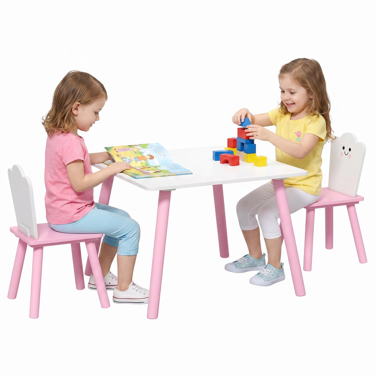 Kindertafel met stoel - houten tafel en 2 stoelen set om te tekenen - spelen en studeren - roze