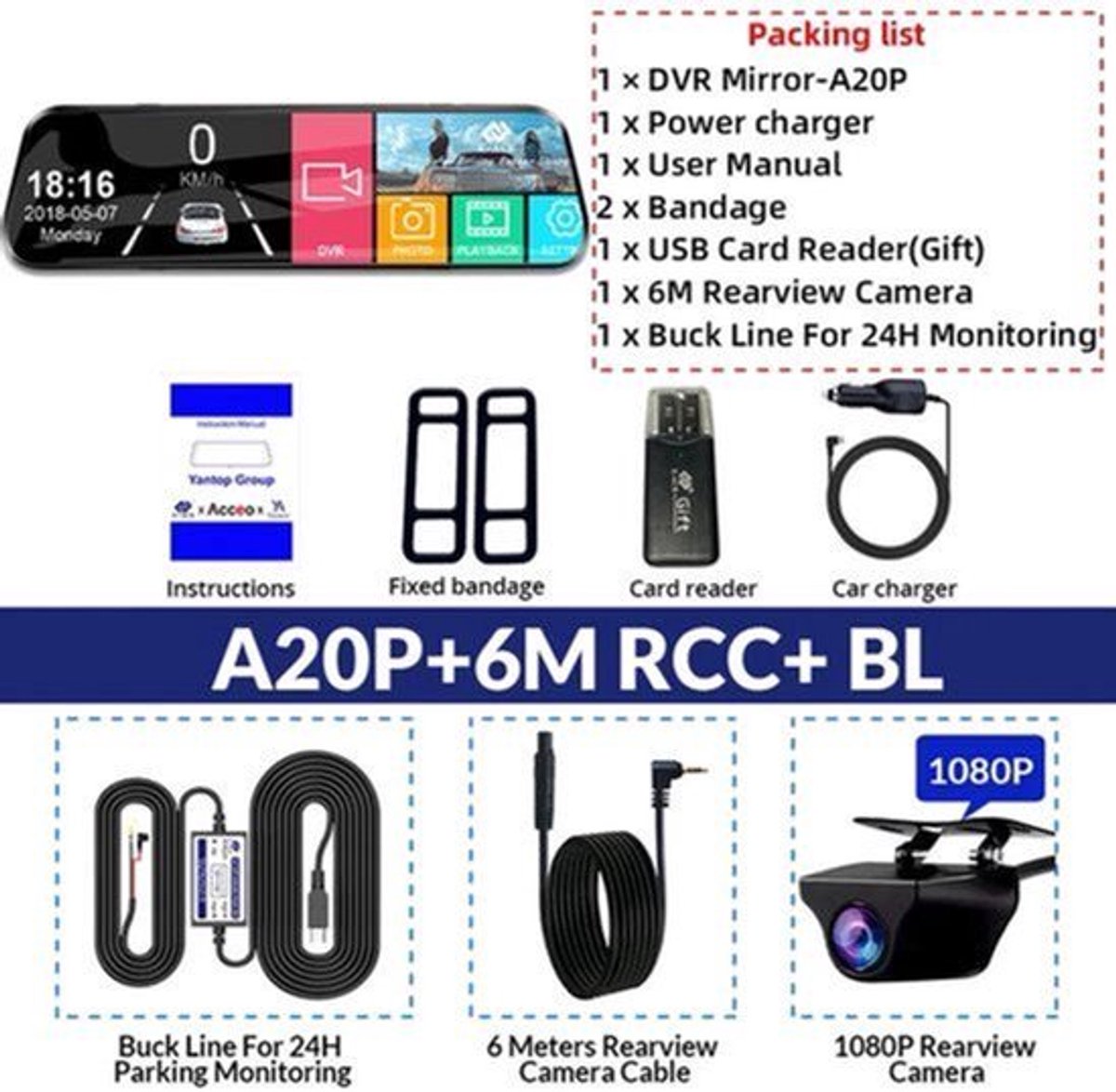 Dashcam voor Auto - 10 Inch Touchscreen Spiegelcamera - 1080P AHD Dashcam - Nachtzicht - Groothoek 170° - Parkeermodus - Inclusief 6M RCC BL - Zwart