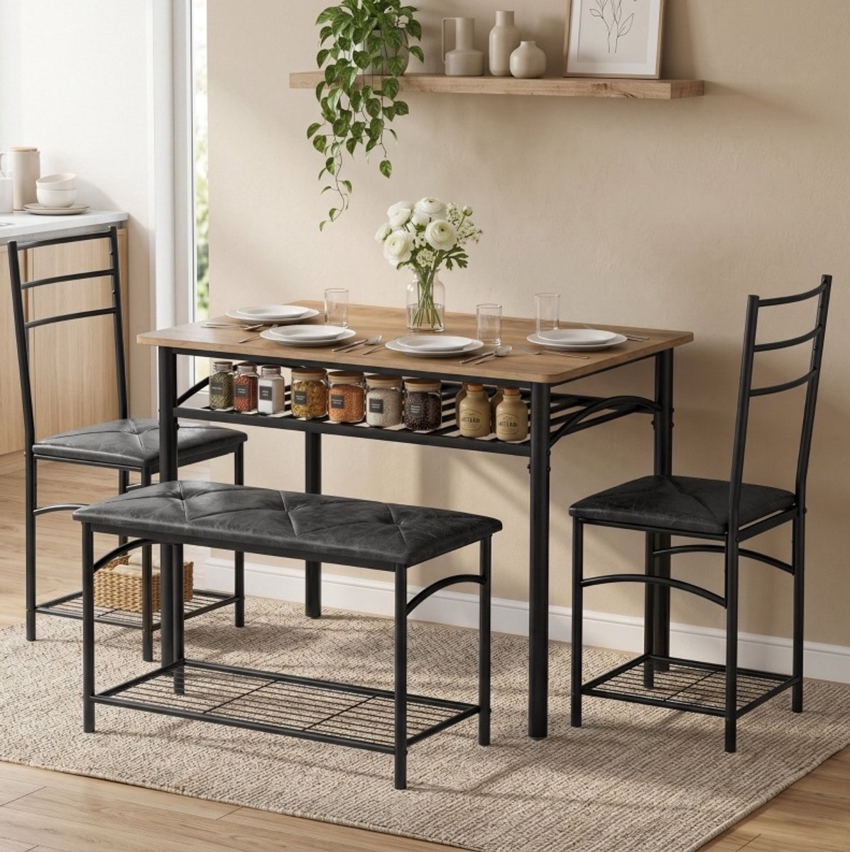 FloraGrace Set Tafel En Stoelen 4-Delig Industrieel 4 Personen Met Opbergrek Onder Tafel En Zitplaatsen Voor Keuken En Eetkamer Metaal Rustiek Bruin