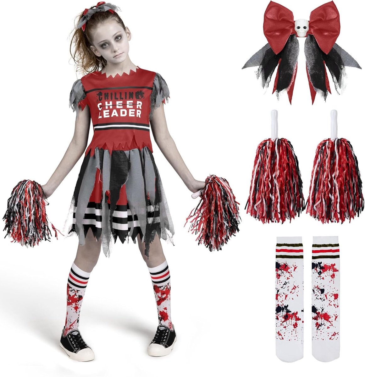 Halloween Zombie Cheerleader Kostuum voor Kinderen, Griezelige Cheerleader Outfit voor Meisjes, Perfect voor Halloween Feestjes en Rollenspellen, Maat XL