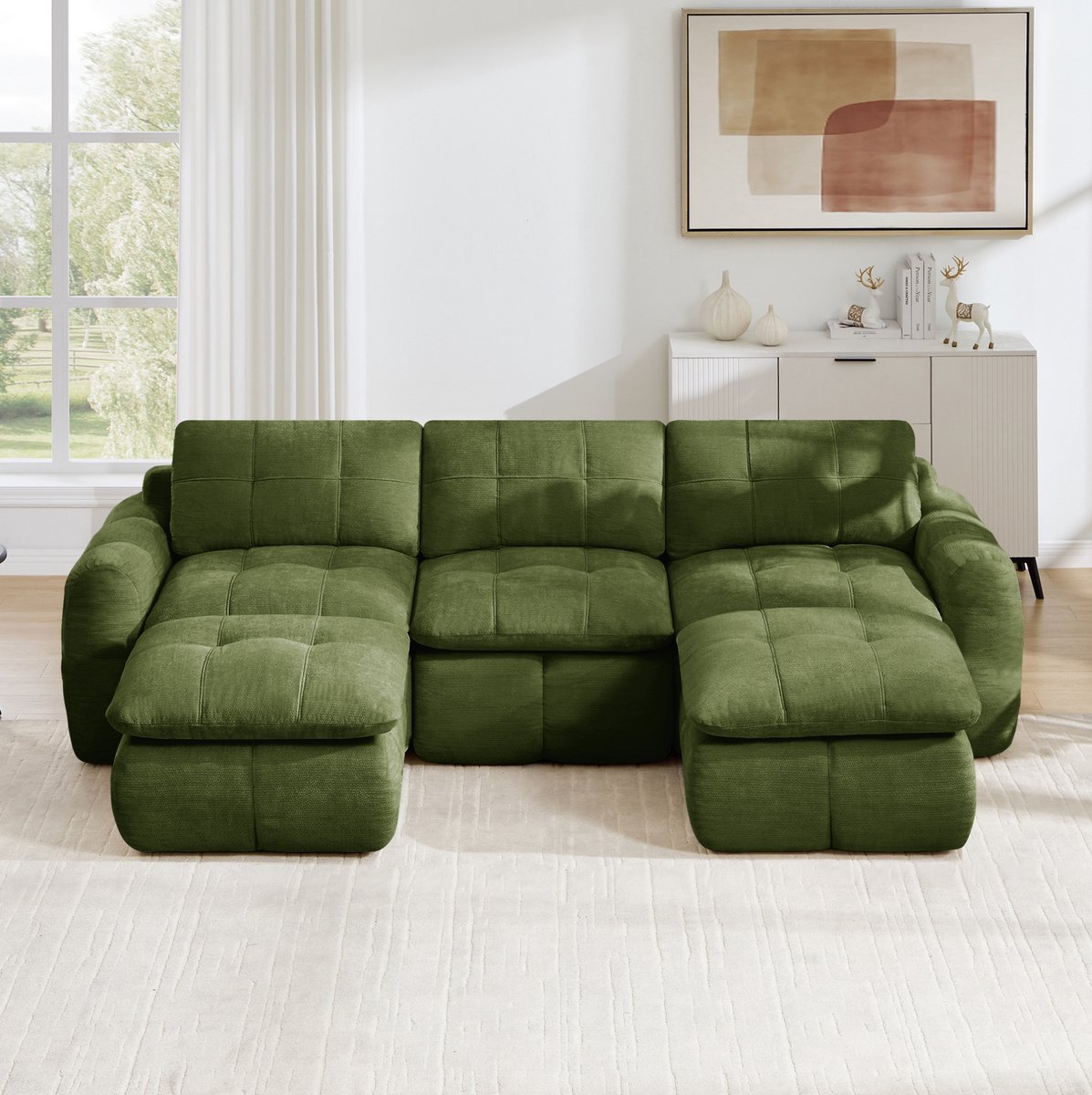 Wishdor U-bank - 3 zitplaatsen - Modulair en frameloos - Wolkenzachte chenille - Voor woonkamer en appartement - Groen - 264 x 160 x 68 cm