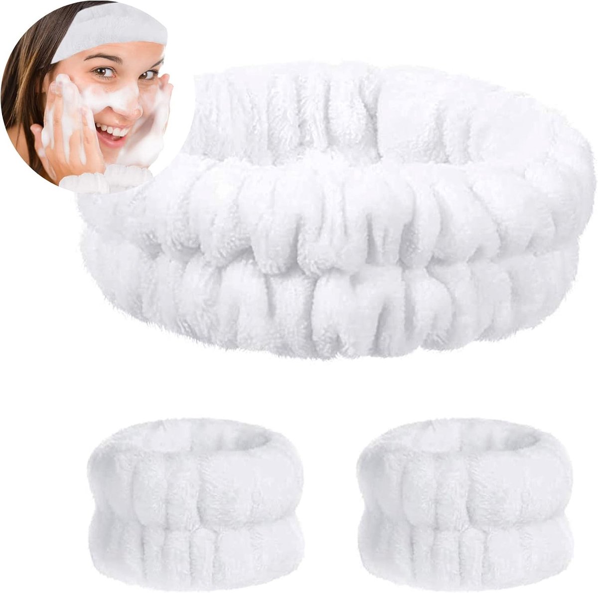 Set van 3 Absorberende Hoofdbanden en Polsbanden voor Make-up en Gezichtsreiniging - Elastische Huidverzorging Accessoires in Wit