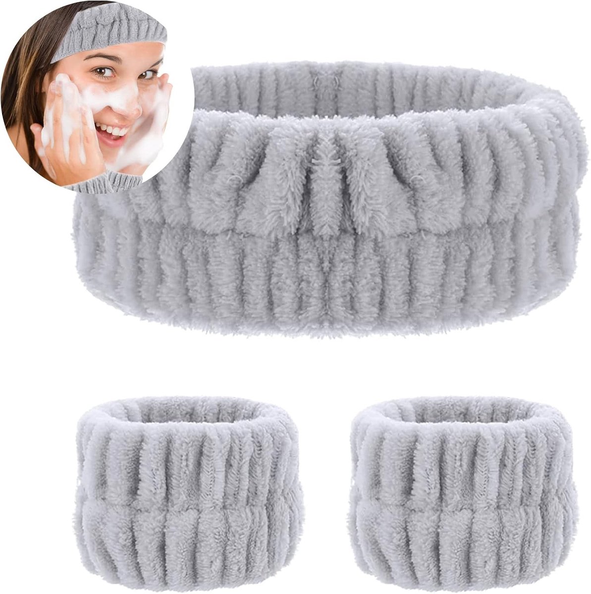Set van 3 Absorberende Hoofdbanden en Polsbanden voor Gezichtsreiniging en Make-up, Elastische Huidverzorging Hoofdbanden en Polsbanden (Grijs)