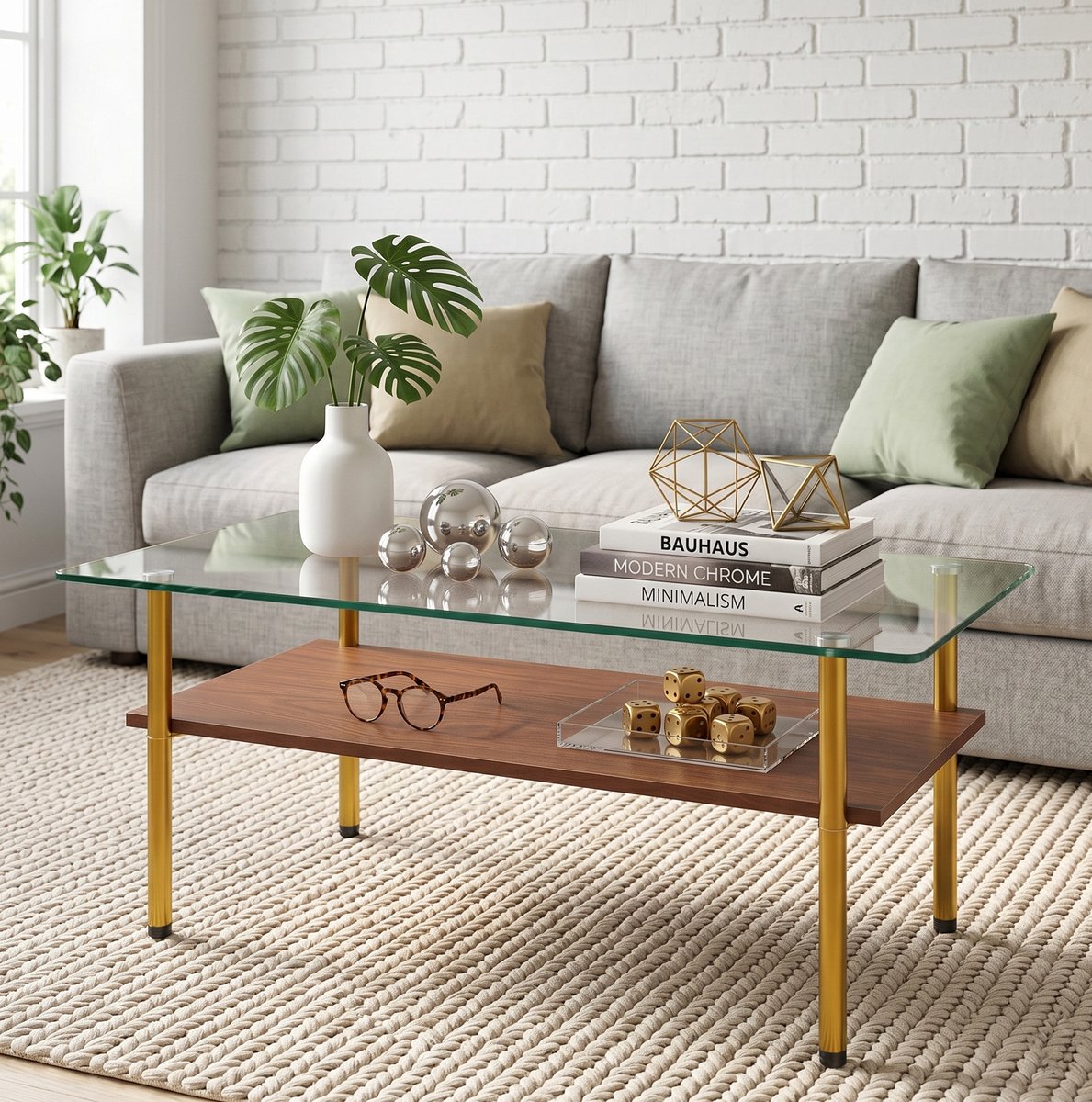 Wishdor Salontafel - Glazen blad en MDF opbergplank - Goudkleurig metalen frame - Modern - Woonkamer kantoor ontvangstruimte - Bruin en goud - 97,7 x 57,7 x 45 cm