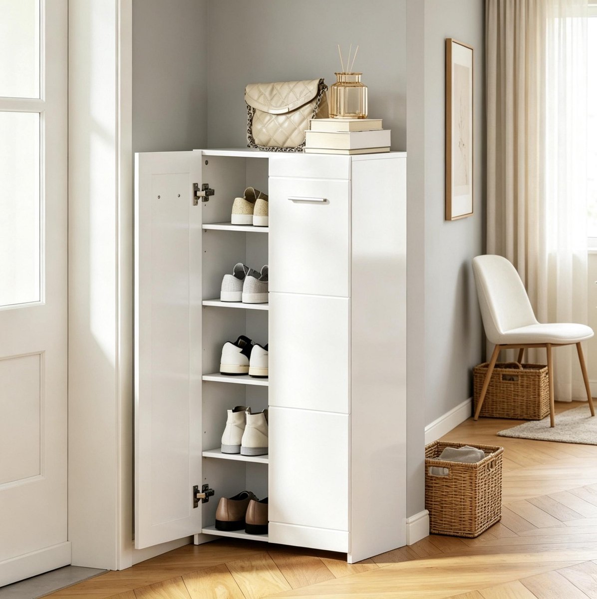 OKWISH Schoenenkast - Hoogglans - 10 Paar - Met Verstelbare Planken - Voor Hal, Woonkamer En Kantoor - Spaanplaat Wit - 55 x 36 x 108 cm