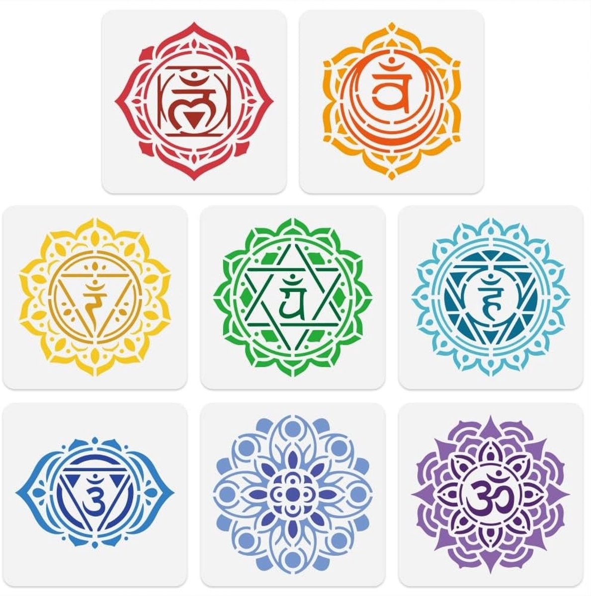 Set van 8 Herbruikbare Mandala Sjablonen voor Yoga en Schilderen, 15x15cm, Lotus Bloem en Chakra Ontwerpen voor Wanddecoratie en Creatieve DIY Projecten