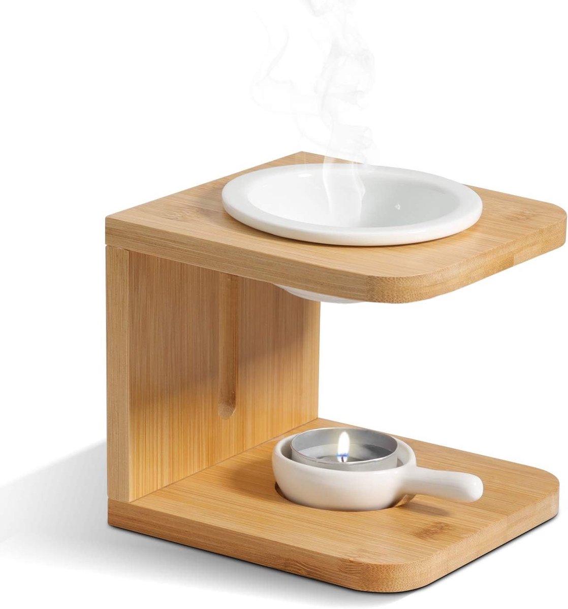Ceramische wasbrander met bamboe frame voor geurige olie en aromatherapie, ideaal voor ontspanning