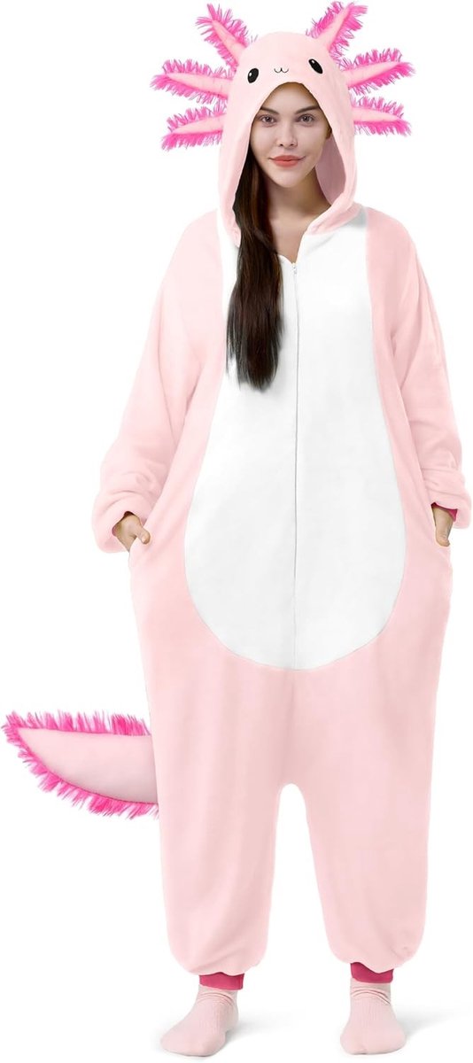 Pluche Axolotl Pyjama voor Volwassenen met Hoed en Staart - Unisex Halloween Kostuum XL in Roze voor Feestjes en Verkleedpartijen