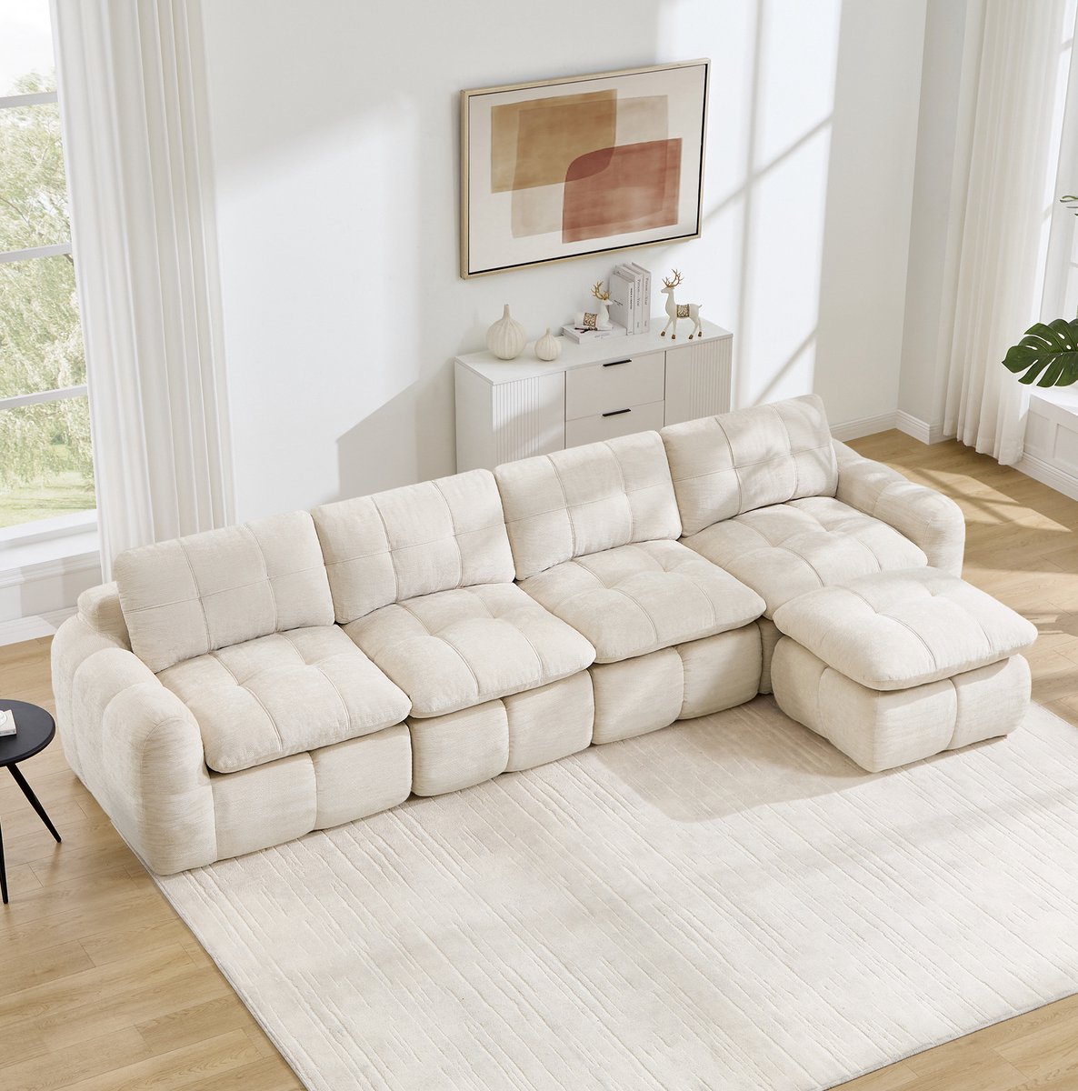 Wishdor Hoekbank - 4-zits modulair - Chenille bekleding - Rechts ottoman - Gecapitonneerd design - Woonkamer appartement - Beige - 334 x 160 x 68 cm