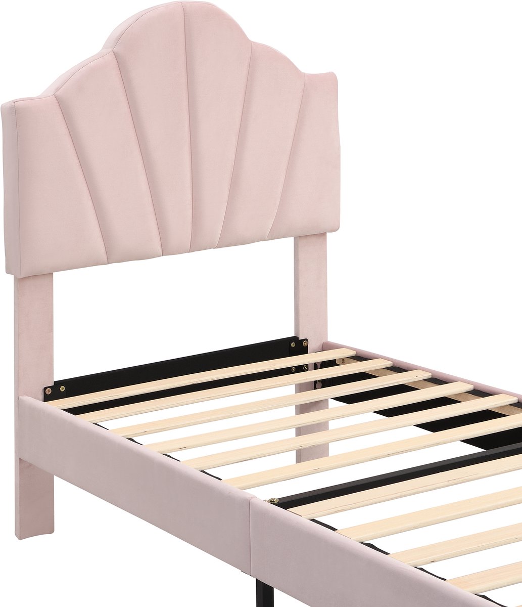 WUVRIE Gestoffeerd bed 90x200 cm met verstelbaar hoofdeinde, lattenbodem en gouden metalen poten, roze
