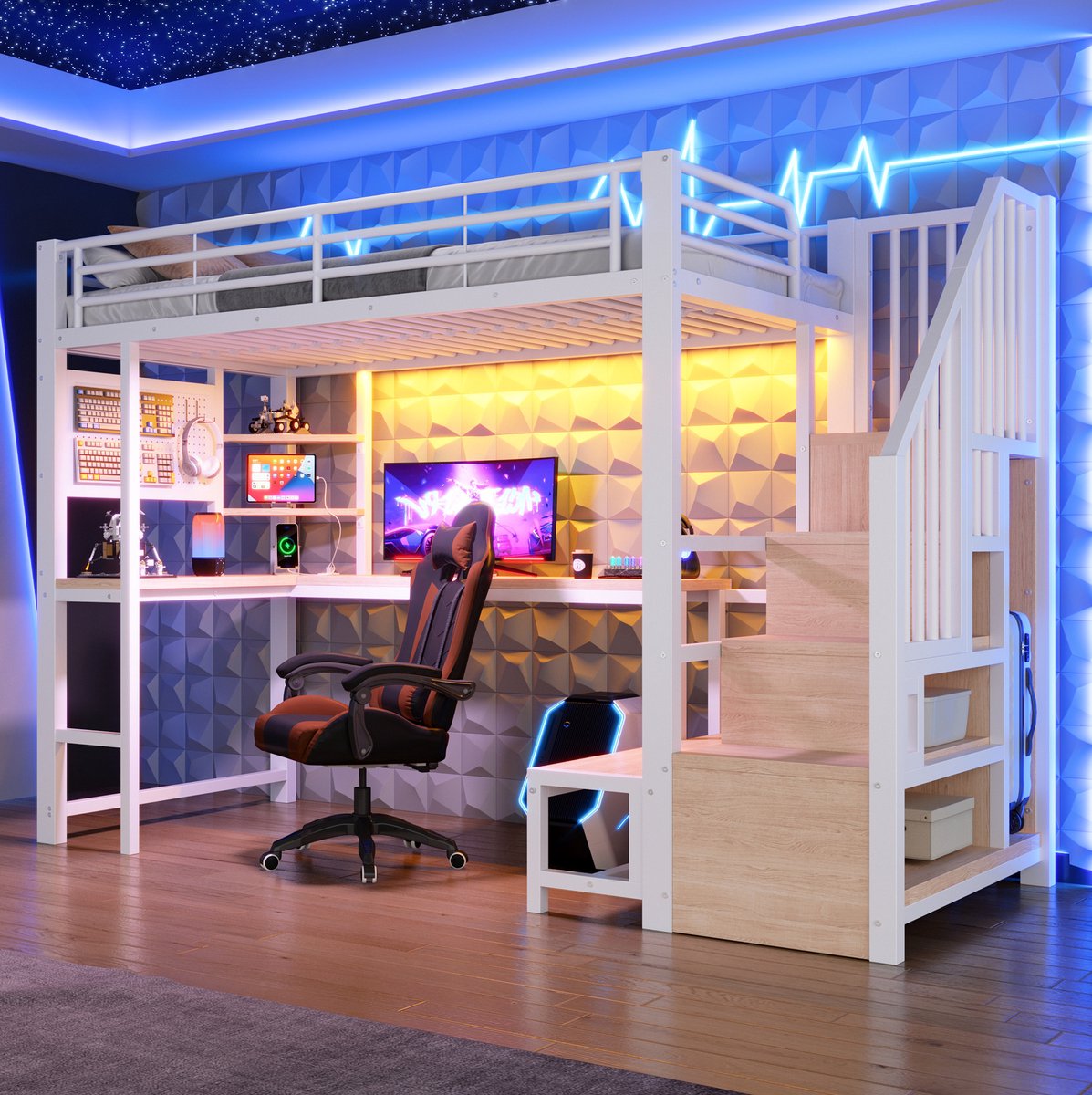 STILVORA Hoogslaper 90 x 200 cm - Hoogslaper met bureau, USB en USB-C - LED-verlichting en opbergrekken - Voor kinderen - Metaal en MDF - Wit - Zonder matras