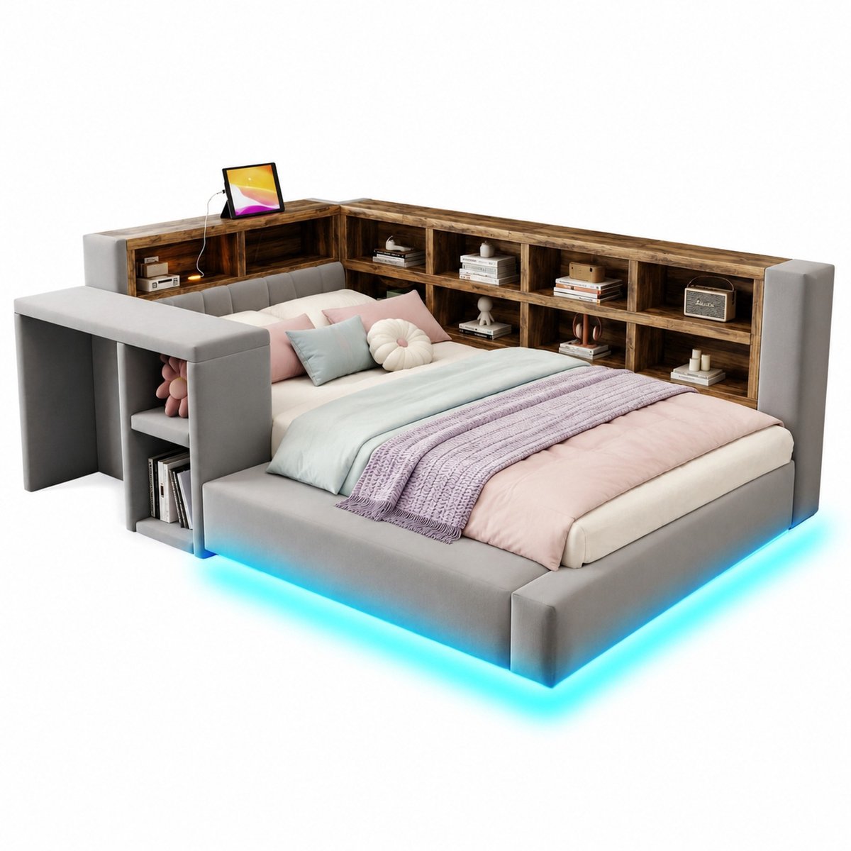 WUVRIE Gestoffeerd bed 90x200 cm met LED, stopcontacten, open vakken en bijzettafel, donkergrijs