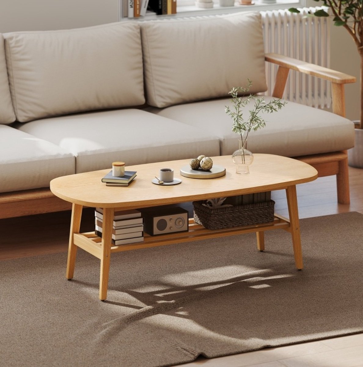 MODENUIT Salontafel - Ovale Vorm Met Onderblad - Voor Woonkamer - Hout - Natuurlijk Hout - 120x60x42 Cm
