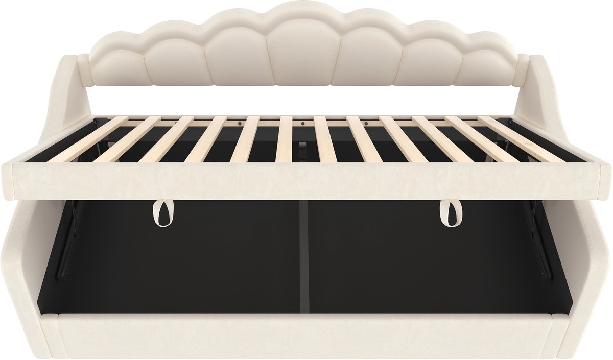 WUVRIE Slaapbank 90x200 cm met opbergruimte, LED-verlichting en fluwelen bekleding in beige/roze
