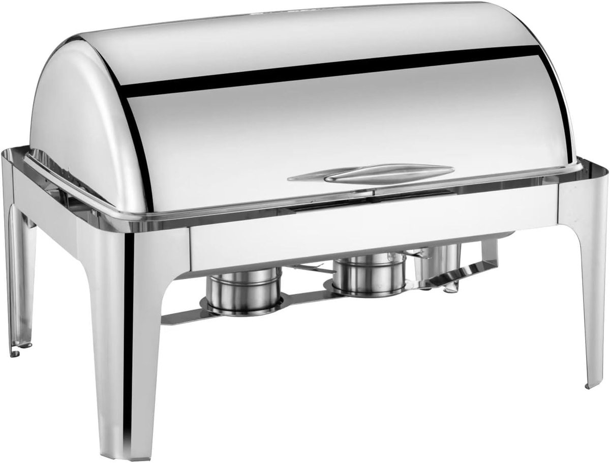 Chafing Dish met Roll-Top Deksel - 9 Liter (GN 1/1) - RVS Buffet Warmhouder voor Catering, Bruiloft, Hotel & Feest - Inclusief GN 1/1 Voedselpan & Brandpastahouders - Spiegelglans
