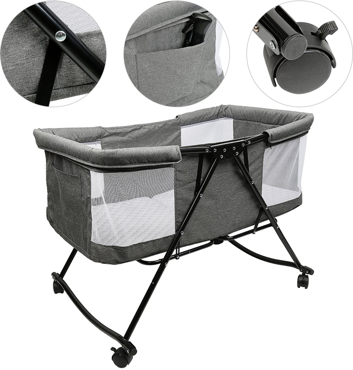 PIPIPOXER Co Sleeper Opvouwbaar- Peuterbed -Oxford - Opvouwbaar - Baby Bed - Baby Wieg Inclusief Matras & Mosquitonet – Verstelbare Hoogte - Campingbedje - 4 wielen met rem
