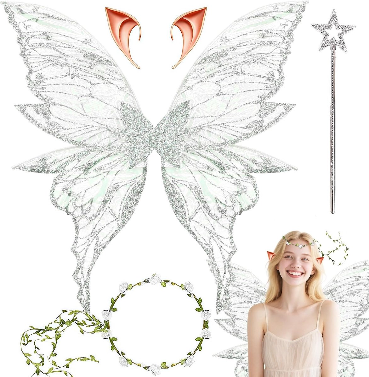 Betoverende Vlinder Kostuum met Elf Oren, Feestelijke Hoofdband en Sterren voor Carnaval, Verjaardag, Cosplay en Halloween Feesten