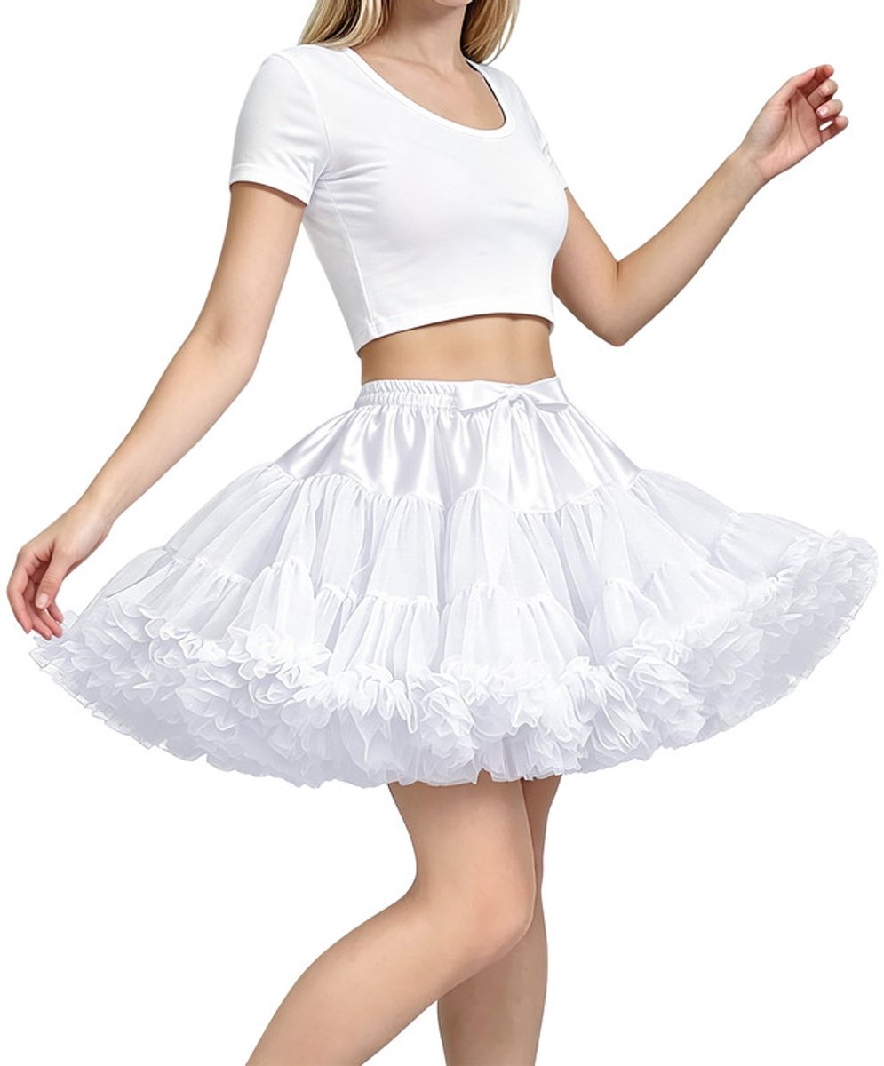 Petticoat onderrok voor dames en meisjes - Korte 3-laagse tule rok met elastische taille - Zachte satijnen voering - Voor trouwjurken, baljurken, ballet en Lolita - Wit
