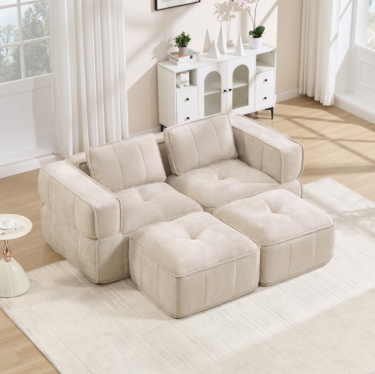 Wishdor 2-zits bank met 2 hockers - Modulair ontwerp - Diepe zit en brede armleuningen - Modern - Woonkamer appartement - Polyester - Beige - 198 x 162 x 67 cm