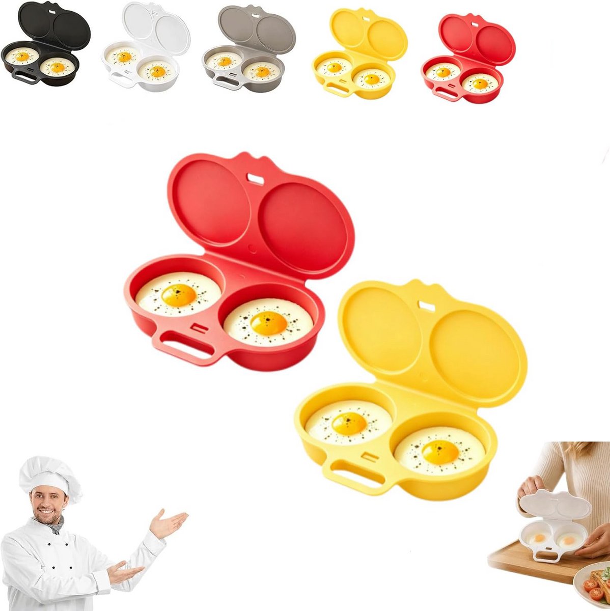 2 stuks Magnetron Eierkoker - Eierkoker - Dubbele Houders - Eierstoompan - Gepocheerd Ei - Egg Poacher - Hittebestendige Koker - Snel koken - 16x12x3cm - rood, geel 5284079051445