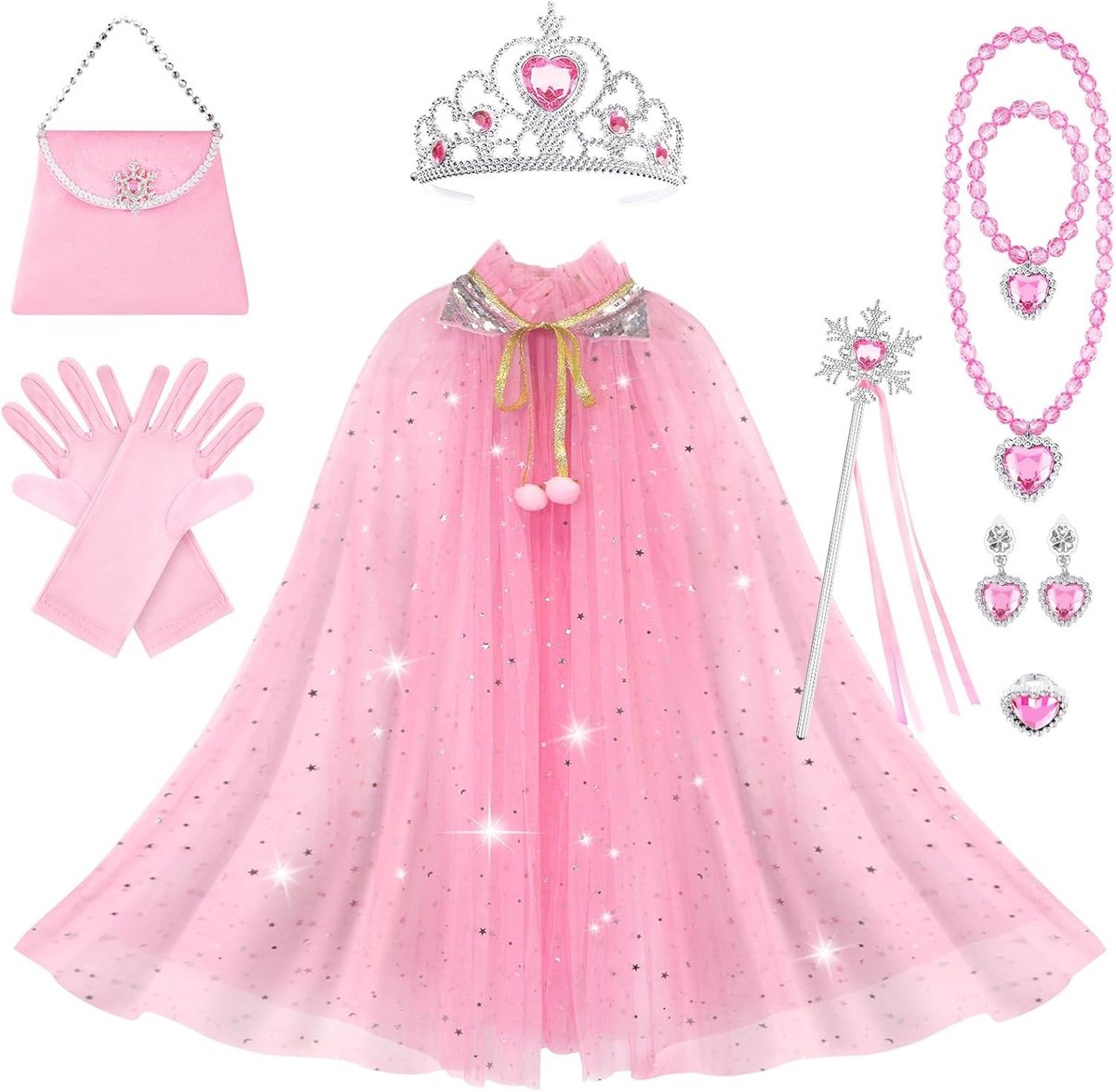 Princess Cape Set voor Meisjes met Elsa Cloak, Kroon, Toverstaf, Sieraden en Handschoenen - Prachtig Kostuum voor Halloween en Verkleedfeest met Sprankelende Sequins