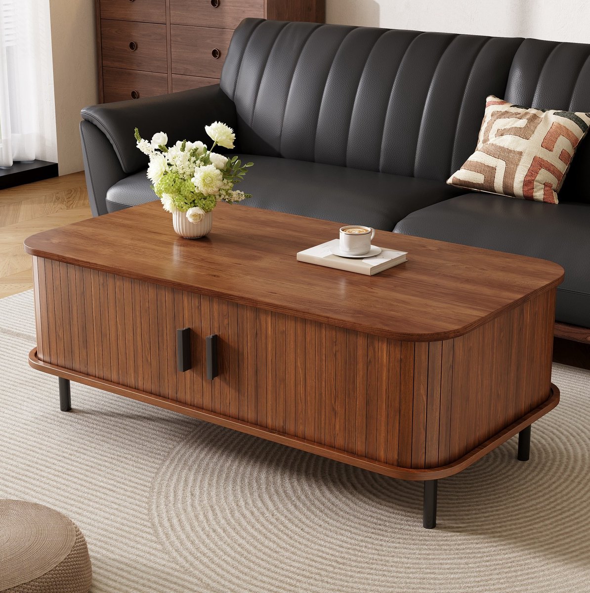MODENUIT Salontafel - Schuifdeuren Met Opbergruimte - Woonkamer - MDF En Spaanplaat - Walnoot - 100x50x45 Cm
