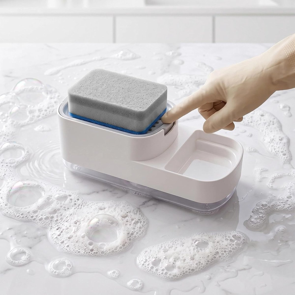 2-in-1 afwasmiddeldispenser en zeepdispenser met spons, 350 ml, wit, ideaal voor keuken en schoonmaak