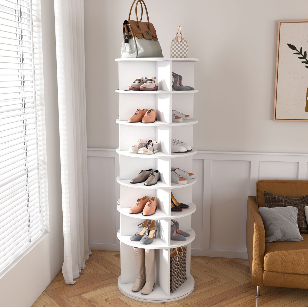 MODFU - Schoenenkast - 360° Draaibaar - 7 Niveaus - Staand Rek - Wit - 60 X 60 X 184 Cm