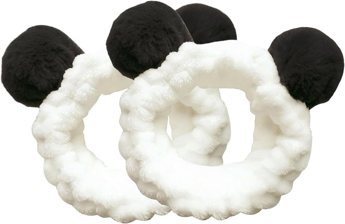 Zachte Make-up Hoofdbanden voor Spa en Yoga, Panda Gezicht Band voor Reiniging en Gezichtsverzorging, Set van 2 (Zwart)