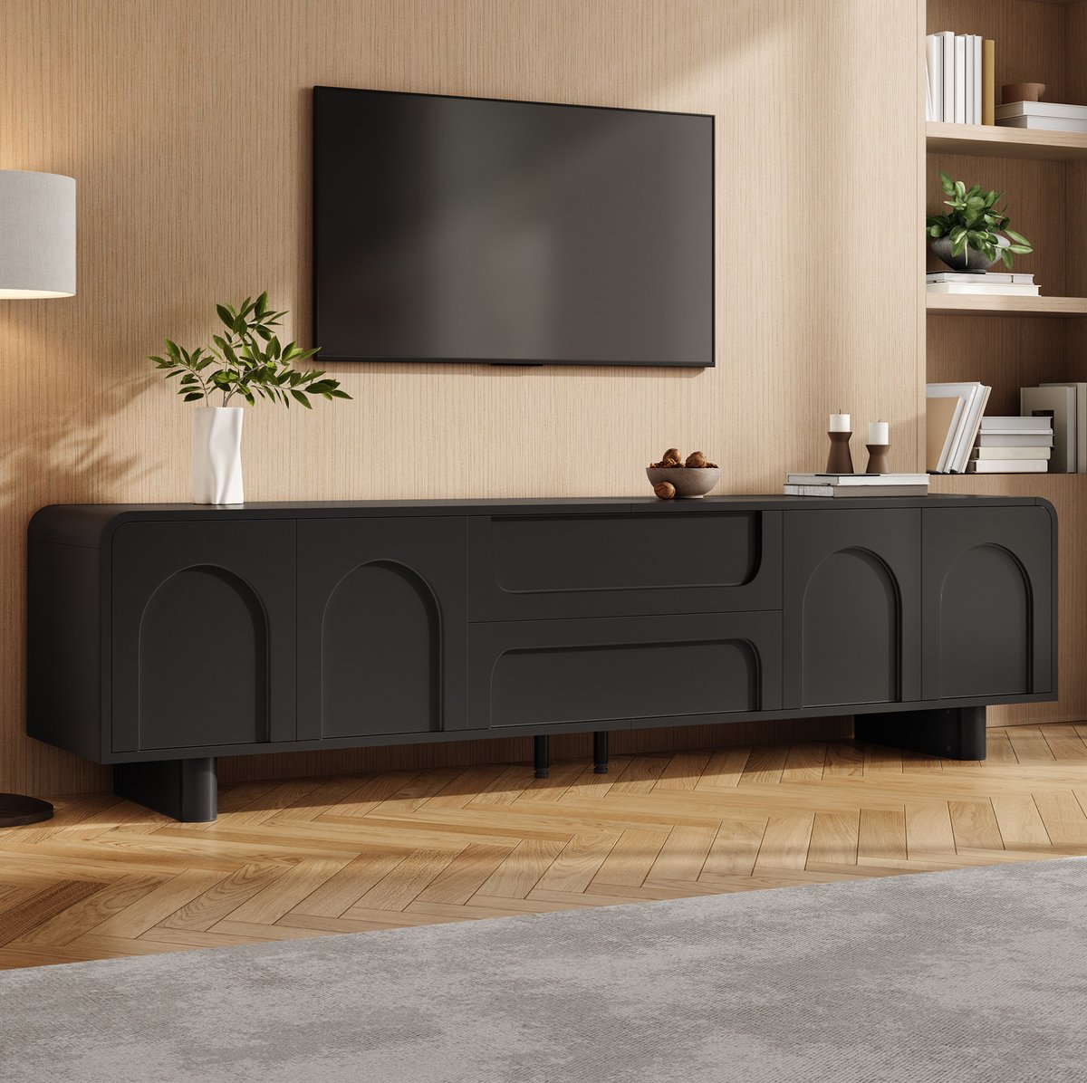 MODENUIT Dressoir - TV-Meubel Met 4 Deuren En 2 Lades - Voor Woonkamer - Zwart - 180x40x46 Cm
