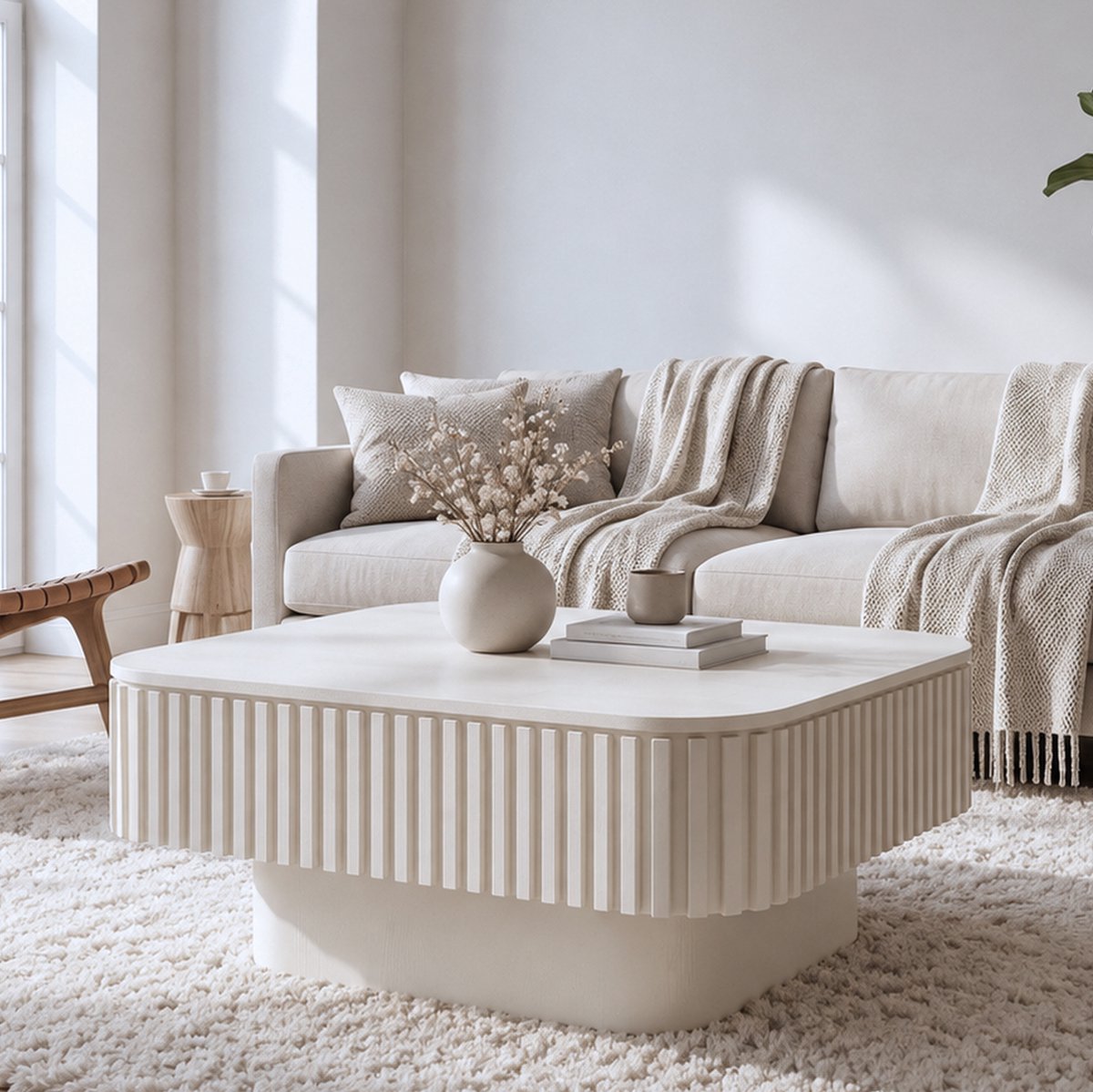 REDOM Salontafel met verborgen opbergruimte - Flip-top blad - Fluted ribbelstructuur - Moderne stijl - Woonkamer - MDF - Crème - 75 x 75 x 35 cm