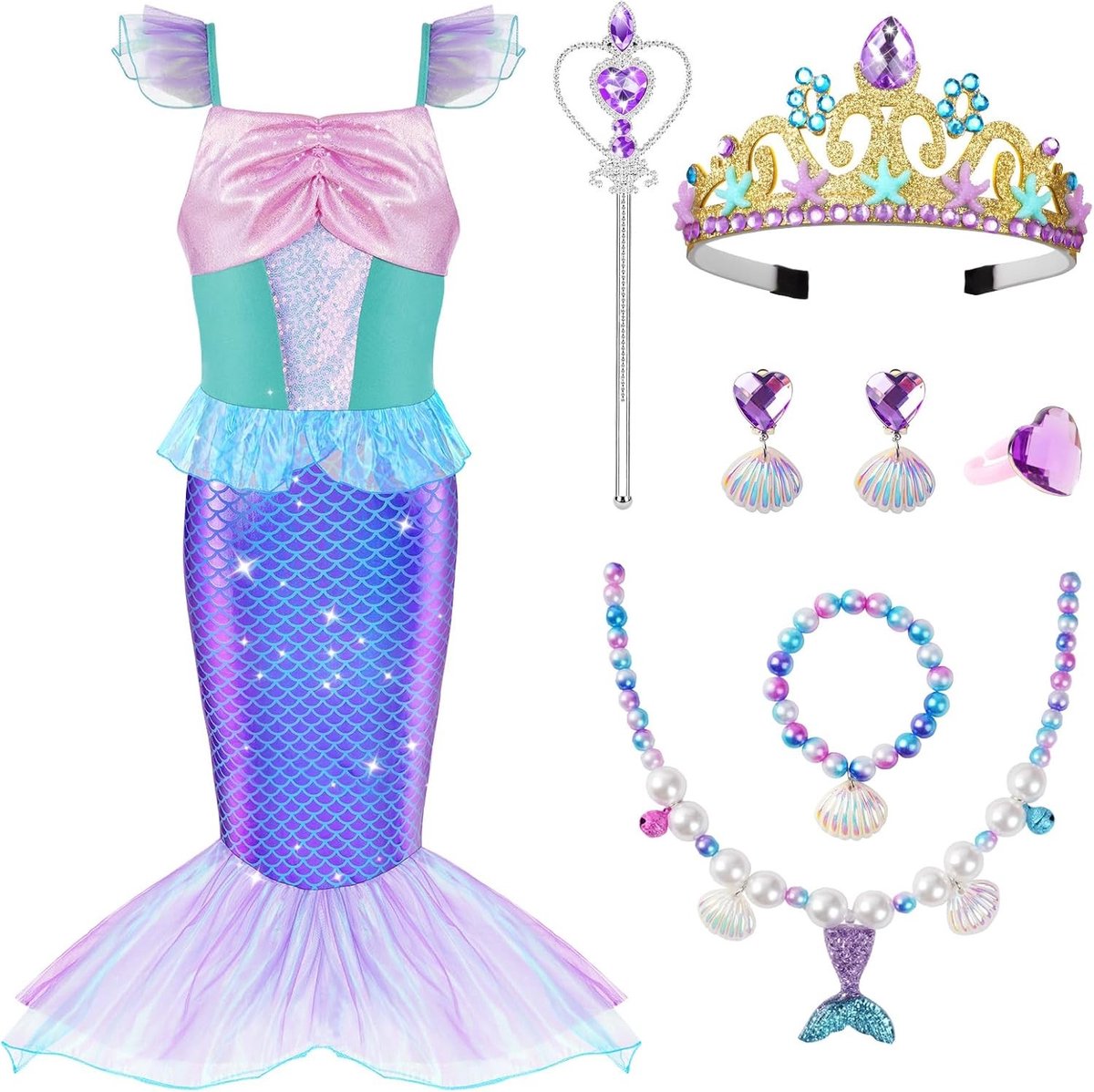 Meisjes Zeemeermin Kostuum - 7-delig Prinsessen Kostuum voor Feestjes en Verkleedpartijen