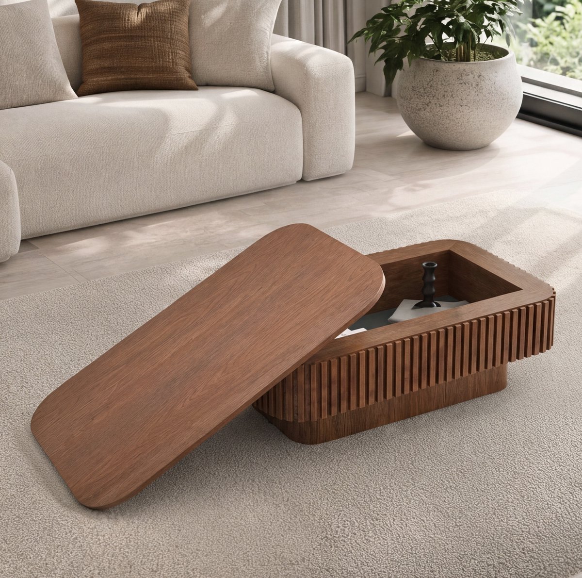 REDOM - Salontafel - Verborgen opbergruimte - Afneembaar klapdeksel - Geribbelde structuur - Modern - Woonkamer - MDF met fineer - Walnootkleur - 98 x 60 x 35 cm