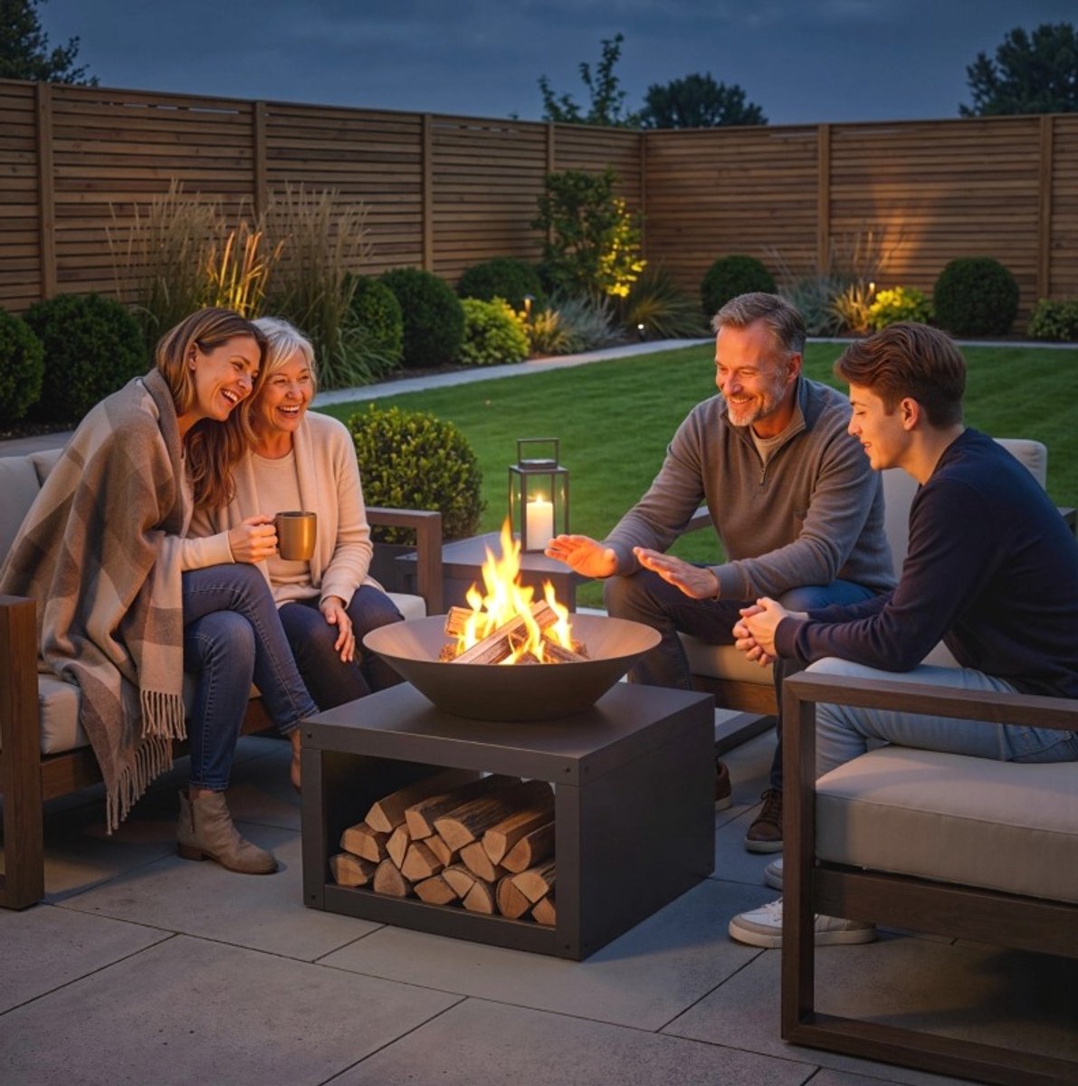 Vuurschaal met houtopslag en pook – 59 cm – Metalen vuurkorf voor buiten – voor hout en houtskool – Zwart