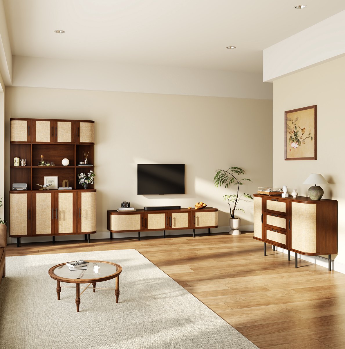 MODENUIT Dressoir - TV-Meubel, Sideboard En Hoge Kast Met Geflechtfront - Woonkamer En Eetkamer - MDF - Walnoot