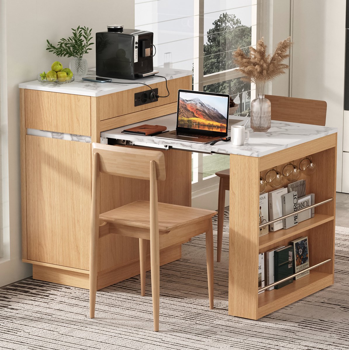 MODENUIT Eettafel - Uitschuifbaar Met LED - Keuken En Eetkamer - MDF - 58-154x80,5x94 Cm - Naturel