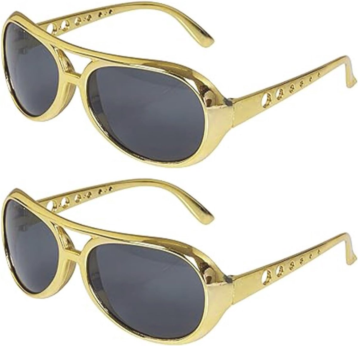 Elk paar retro zonnebrillen in goud voor een 50s hippie disco stijl, perfect voor Halloween kostuums