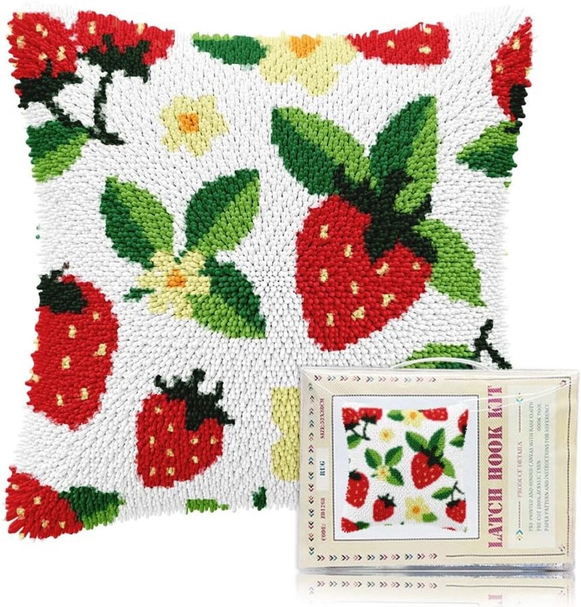 Aardbeienpatroon Kussenset met Knopen voor Beginners en Volwassenen - DIY Kussenhoezen voor Handgemaakte Decoratie van Sofa, 17 x 17 cm