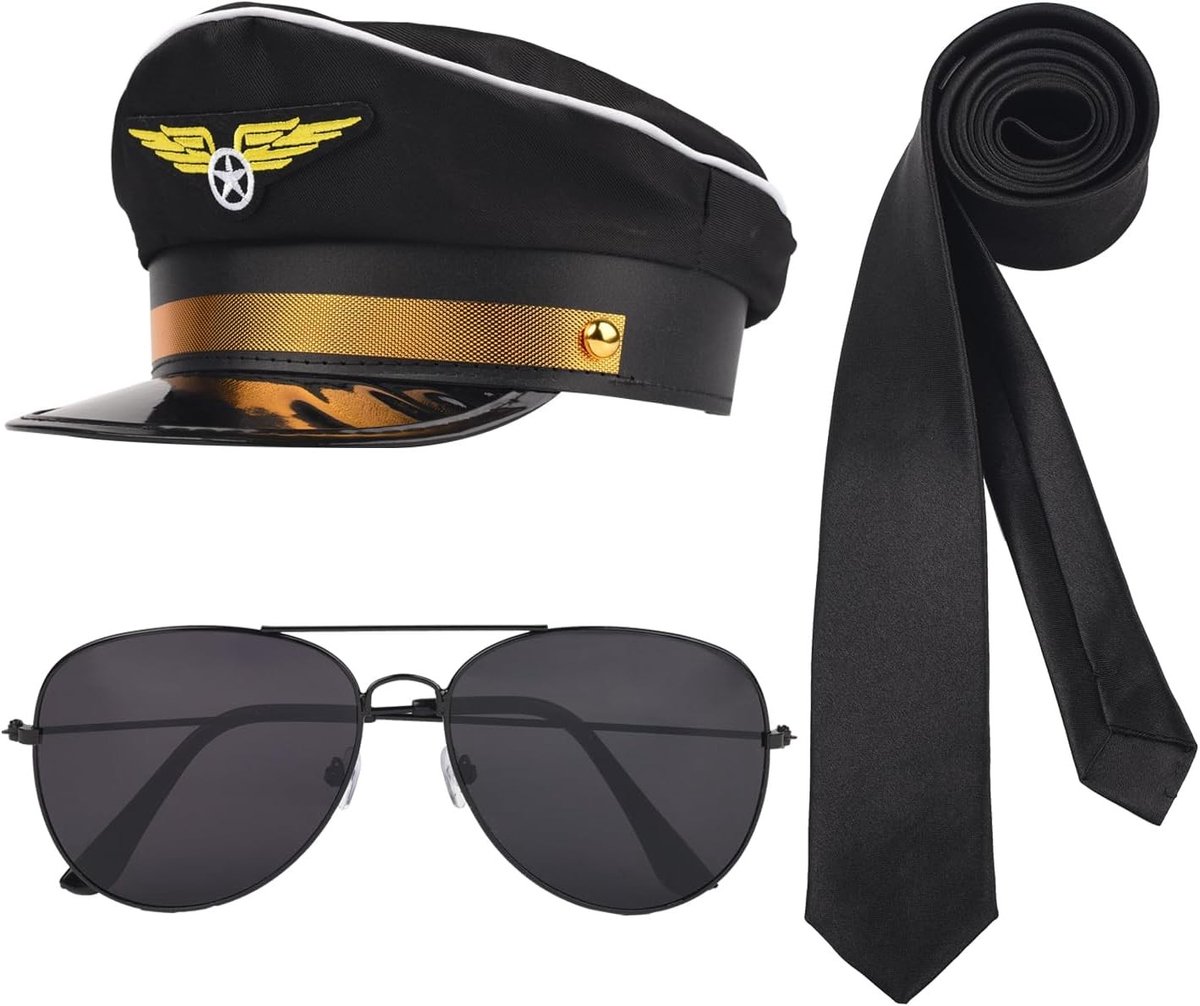 3-delig Piloten Kostuum Set met Hoed, Bril en Zwarte Stropdas voor Halloween, Cosplay en Verkleedpartijen