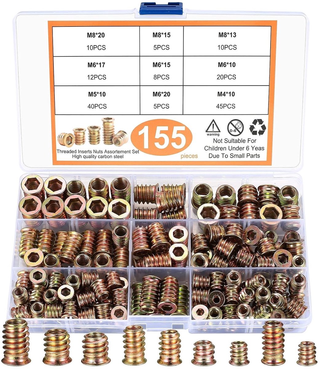 155-delige Set Draadmoeren en Schroefsocket Assortiment voor Houten Meubels, M4 M5 M6 M8, Inclusief Zinkkleurige Draadmoeren en Invoermoeren