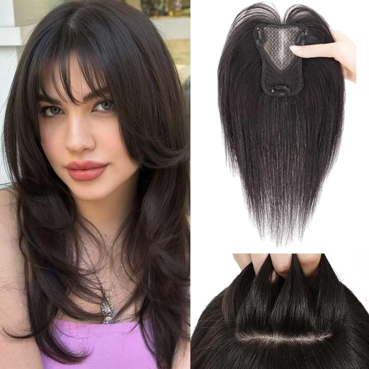 Echte haar damestopper van 25 cm met 3D-clip, 360° afdekking en gladde pony voor een natuurlijke look