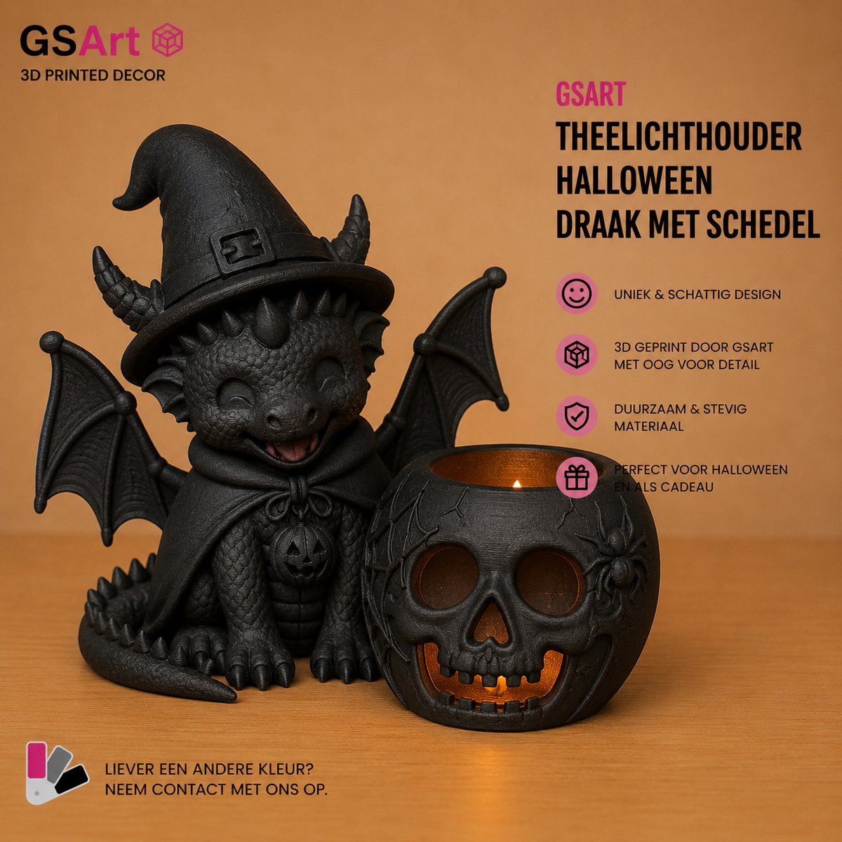 GSArt Theelichthouder Halloween Draak met Schedel – 3D Geprint – Inclusief LED Theelichtje
