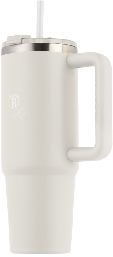 Crèmekleurige thermosbeker van 1 liter met handvat en rietje.