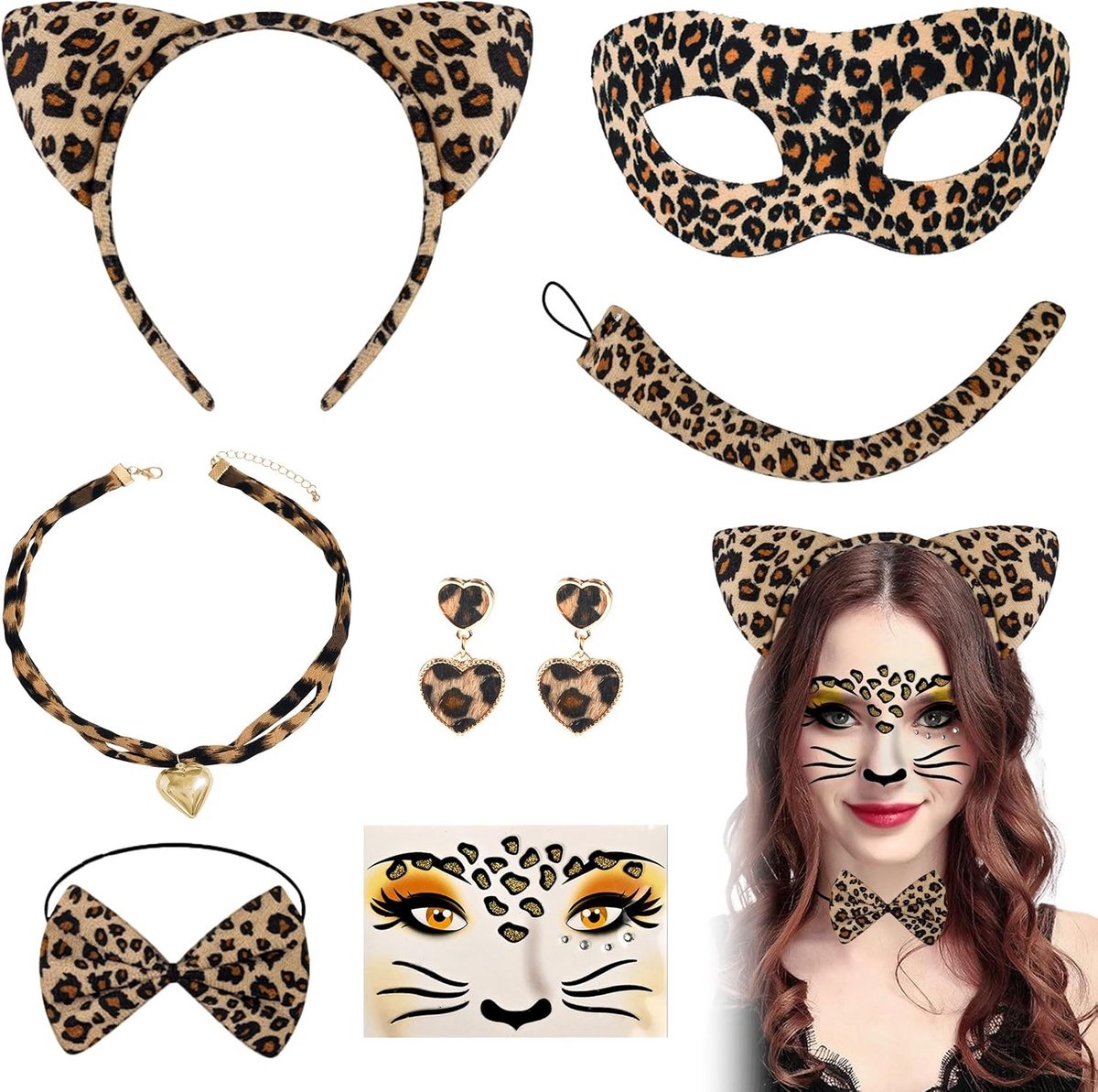 Dames Kostuum Set met Luipaard Thema, 7 Stukken met Oren, Staart, Masker, Choker en Tattoo Stickers voor Carnaval en Cosplay