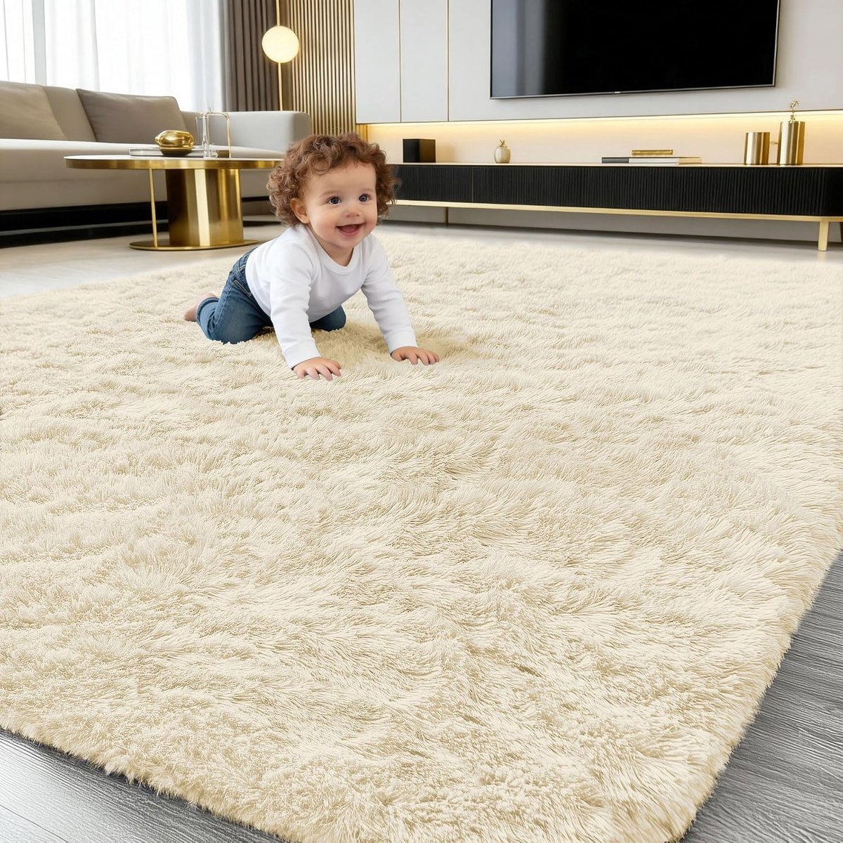 Vloerkleed - 120 x 160 cm - Traagschuim - Hoogpolig - Modern - Antislip - Machinewasbaar - Beige