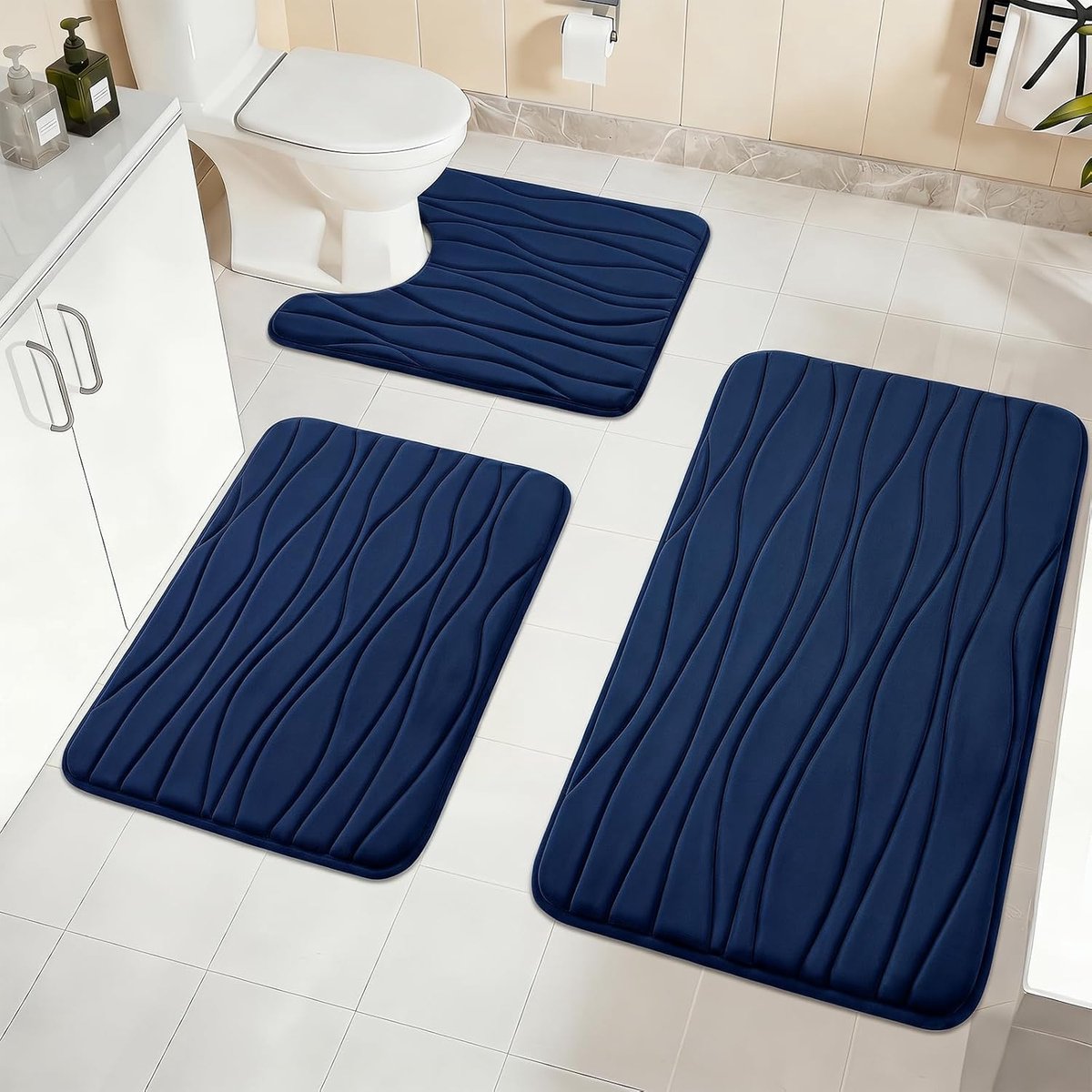 Toiletmat - Set van 3 - Met uitsparing - Traagschuim - Antislip - Absorberend - Blauw