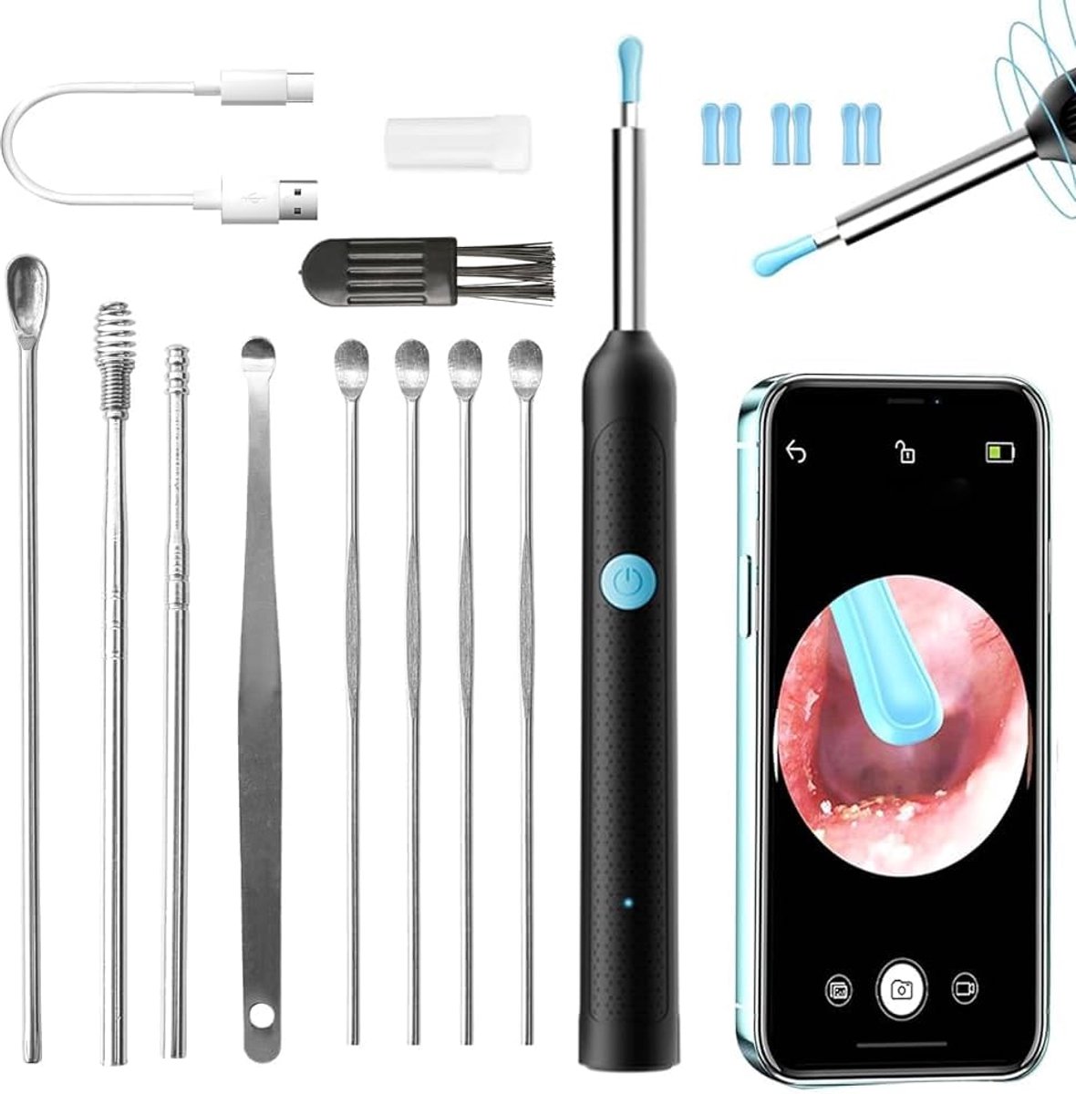 1080P HD Camera Endoscoop Koptelefoon 3,5mm IP67 Waterdicht Reinigend Oor met 6 Lichten LED Oplaadbare WIFI Oorreiniging Aangepast aan Smartphone Tablet voor IOS Android