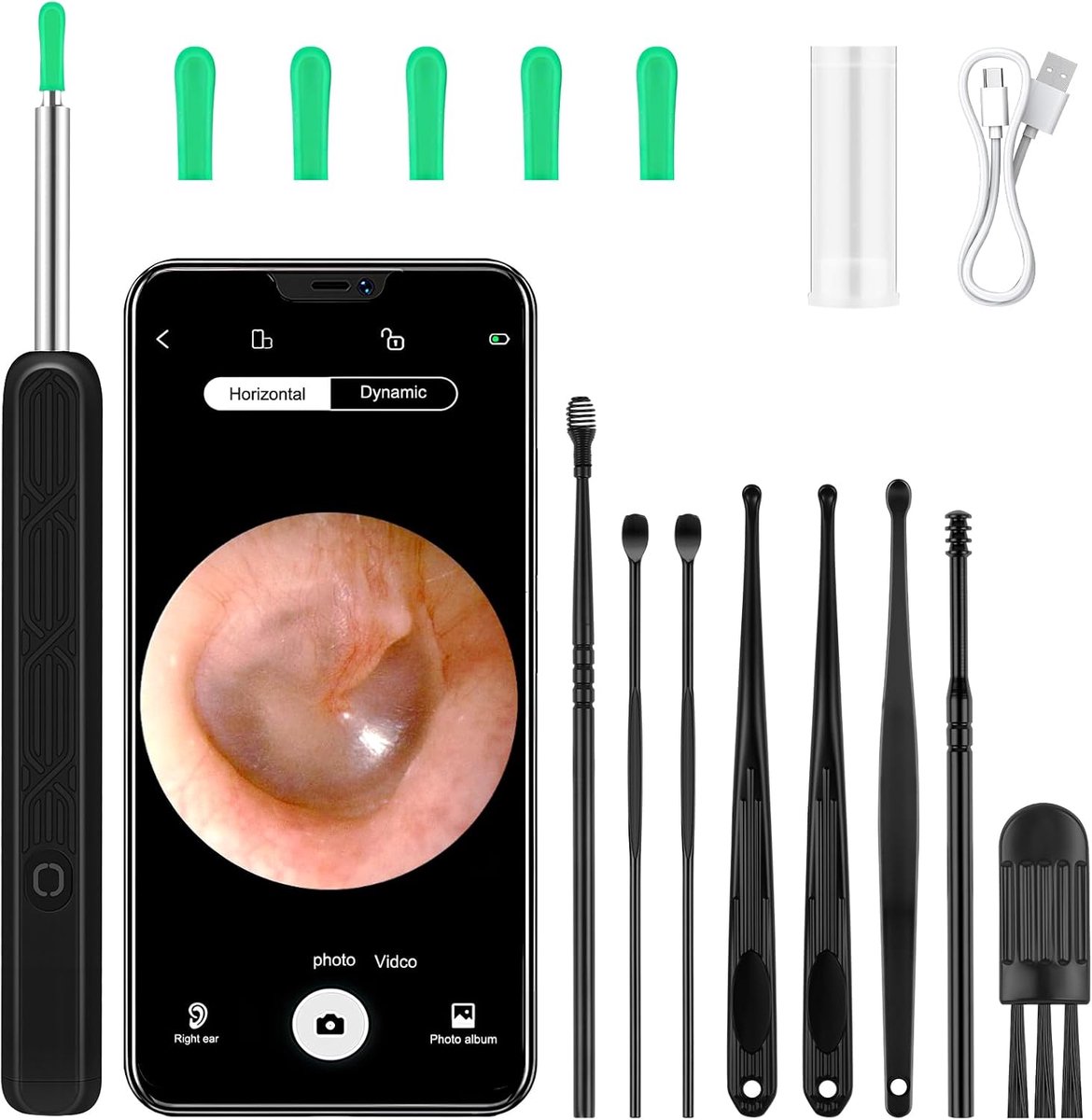 Oorsmeer verwijderingsset, 1080P HD WiFi Ohrenreiniger met camera en 6 LED's Leuchten, IPX5 Wasserdicht Ohrenspiegel, Ohr Reinigung voor Baby Kinder Erwachsene, Geschikt voor i-Phone Android (Zwart)