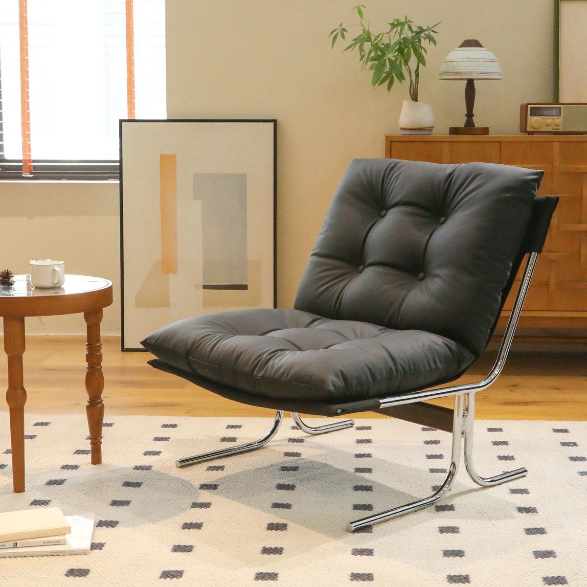 REDOM - Fauteuil - Met afneembare bekleding - Met metalen poten - Barcelona-stijl - Woonkamer, slaapkamer, balkon of wachtruimte - Kunstleer - Zwart - 72 x 84 x 85 cm
